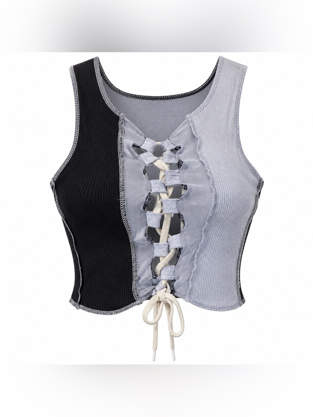 Unbranded Black Gray Lace-Up Deconstructed Crop Top Y2K